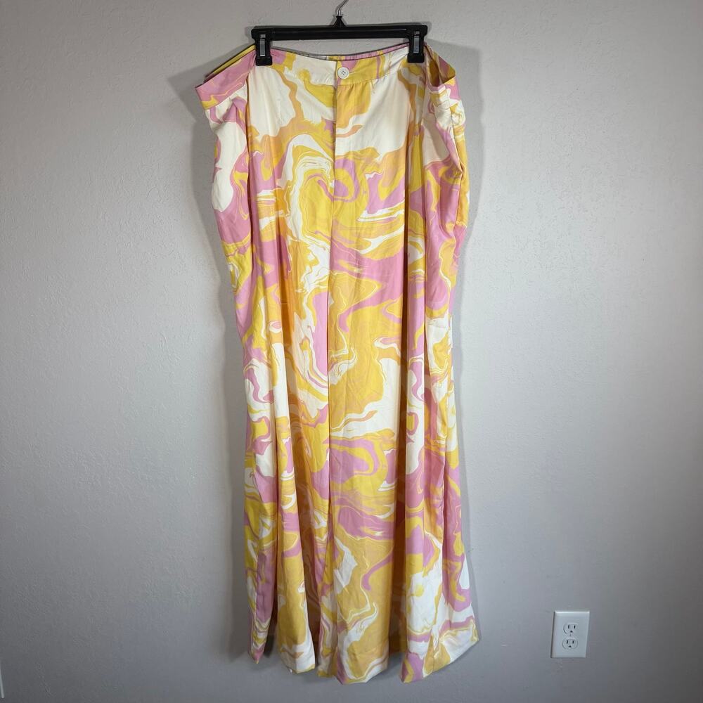eShakti Yellow Pink White Swirled Wide Leg Sheer Flowy Pants Womens 2X